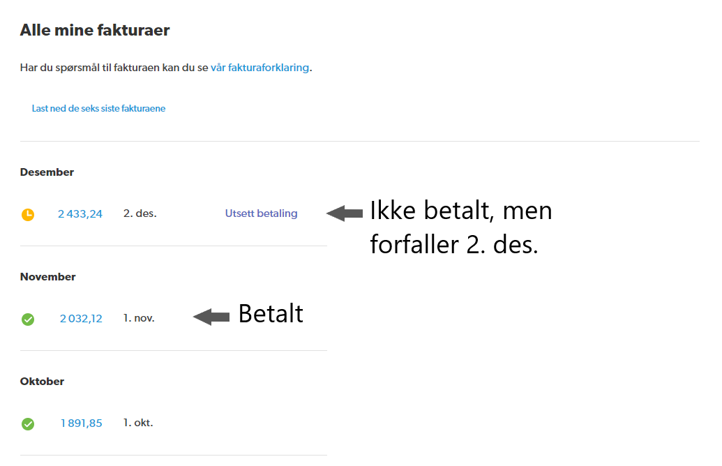 Skjermbilde fra fakturaoversikten til Min side. Viser grønn sjekkboks for betalte fakturaer, og gul klokke for fakturaer som ikke er forfalt.